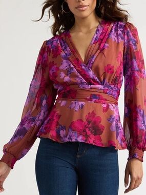 Sofia Jeans by Sofia Vergara Women's Ruched Waist Top Floral Print Faux Wrap XS